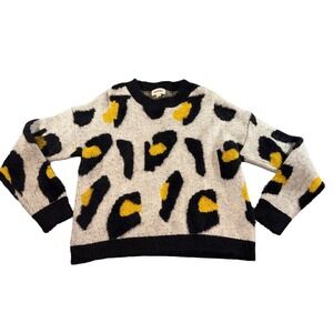Adora Womens Small Gray Yellow Leopard Print Fuzzy Sweater Soft Grunge Statement